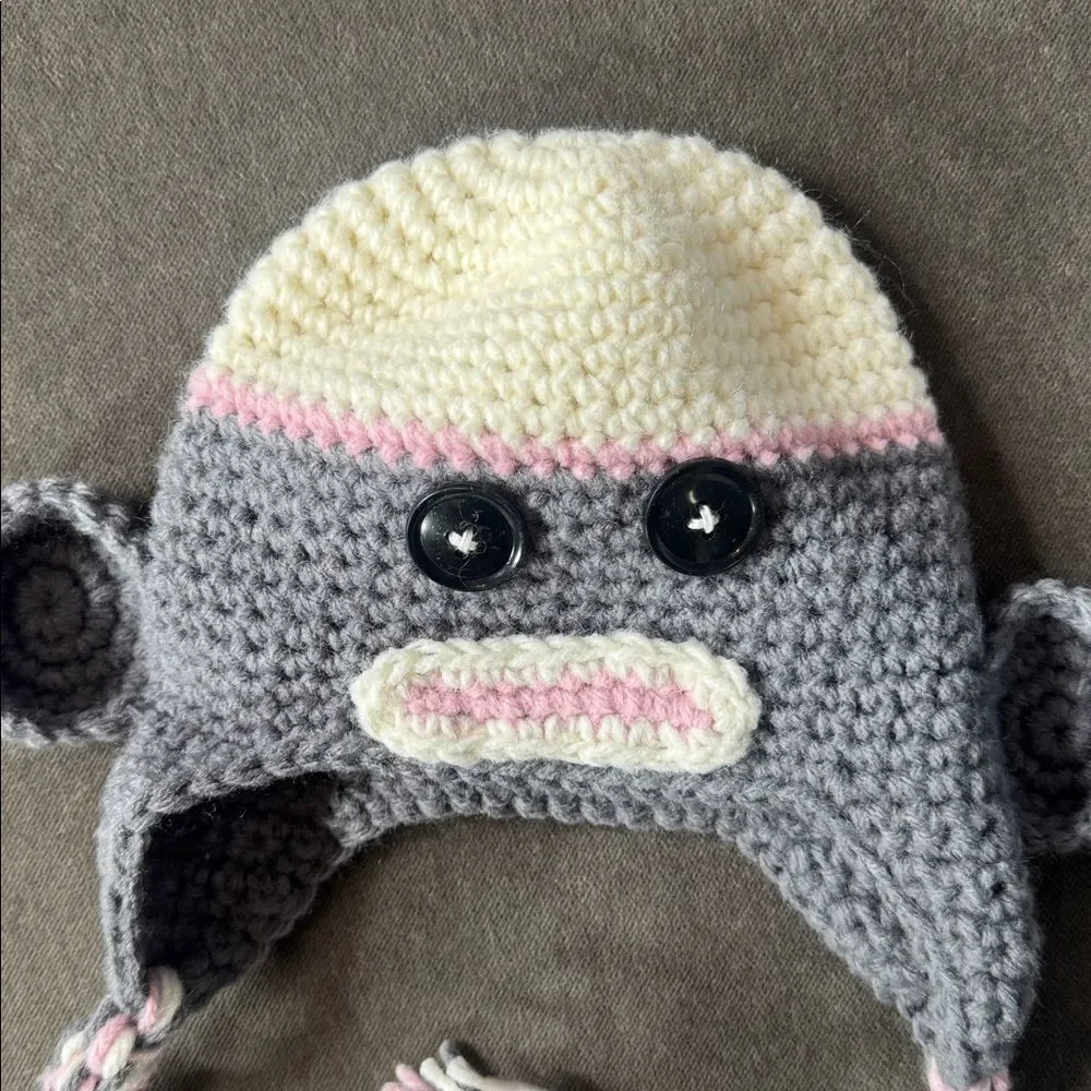 Daisy Baby Sock Monkey Beanie Hat Gray with Pink Pom 0-6 months Photography NEW